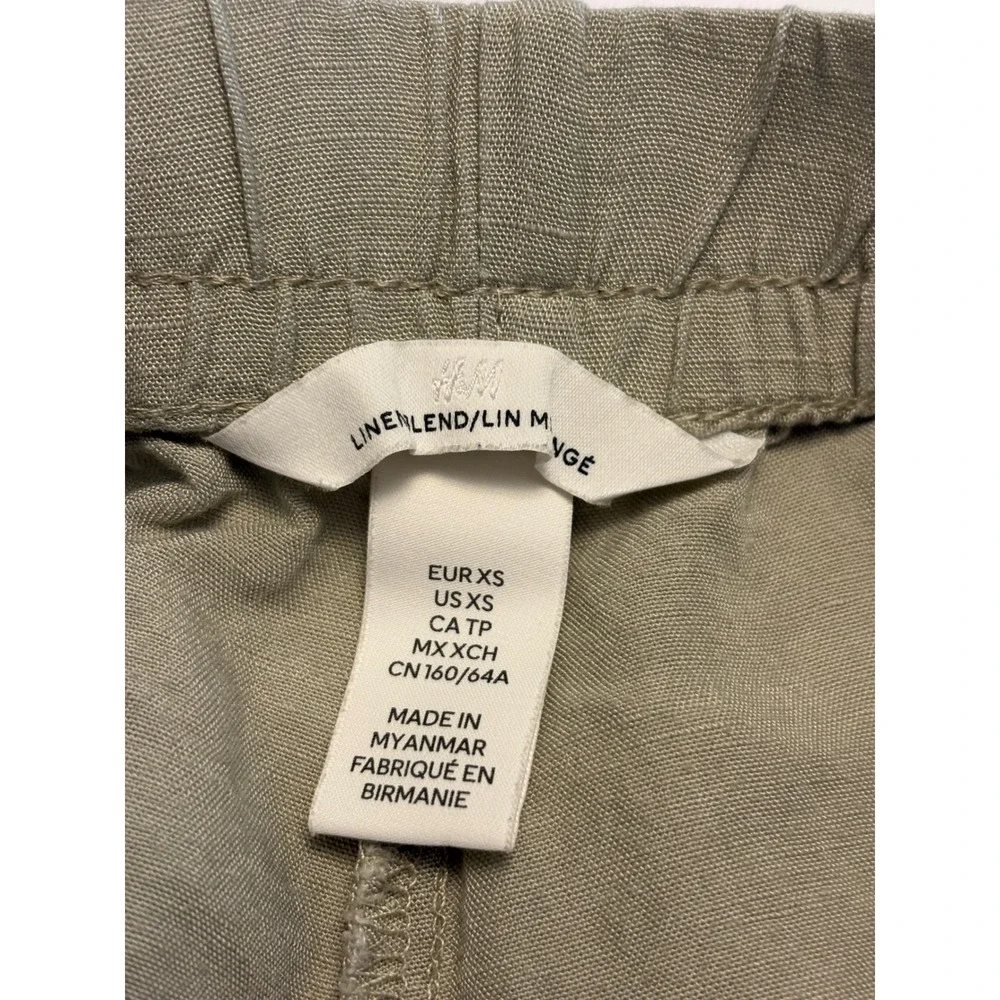 H&M Linen Blend Pants Women XS Sage Green Elastic Drawstring Waist Crop Trousers